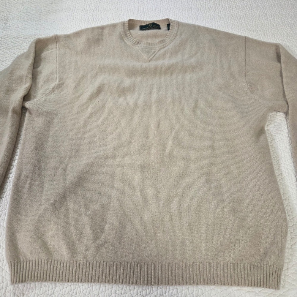 Embassy Row 100% Two Ply Cashmere Sweater Mens XL Tall Beige Crewneck Knit Fiji